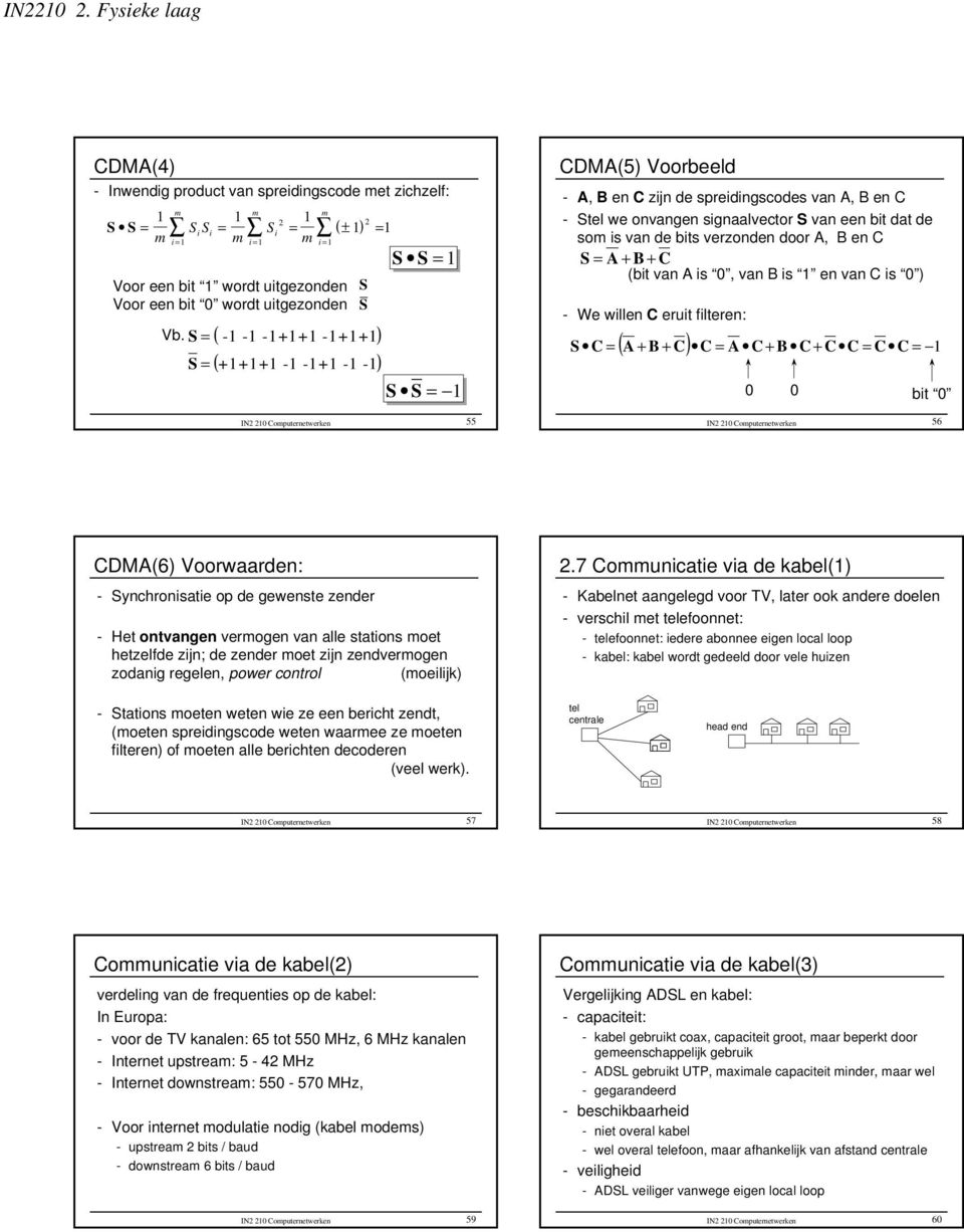 verzonden door A, B en C S = A + B + C (bit van A is, van B is en van C is ) - We willen C eruit filteren: ( A + B + C) C = A C + B C + C C = C = S C = C bit IN Coputernetwerken 56 CDMA(6)