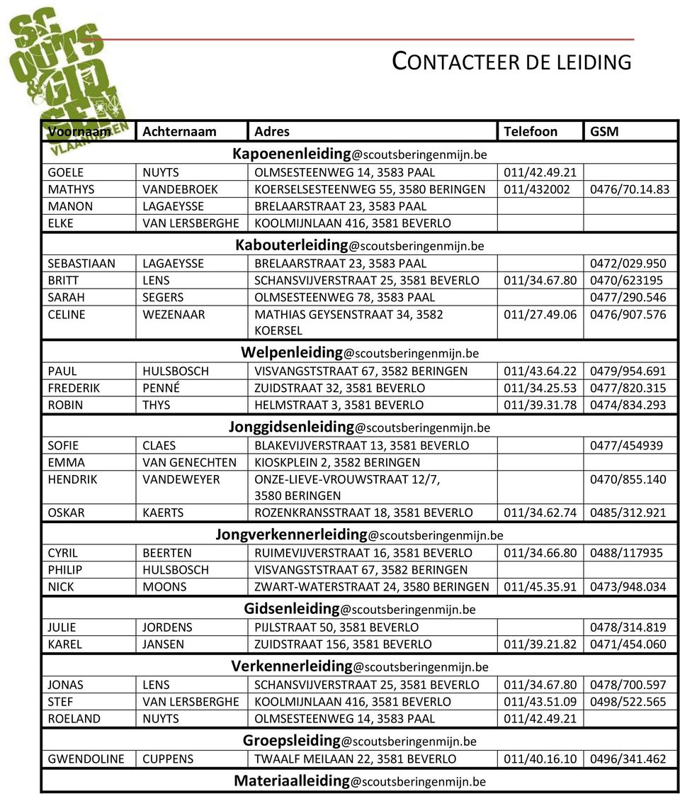 83 MANON LAGAEYSSE BRELAARSTRAAT 23, 3583 PAAL ELKE VAN LERSBERGHE KOOLMIJNLAAN 416, 3581 BEVERLO Kabouterleiding@scoutsberingenmijn.be SEBASTIAAN LAGAEYSSE BRELAARSTRAAT 23, 3583 PAAL 0472/029.