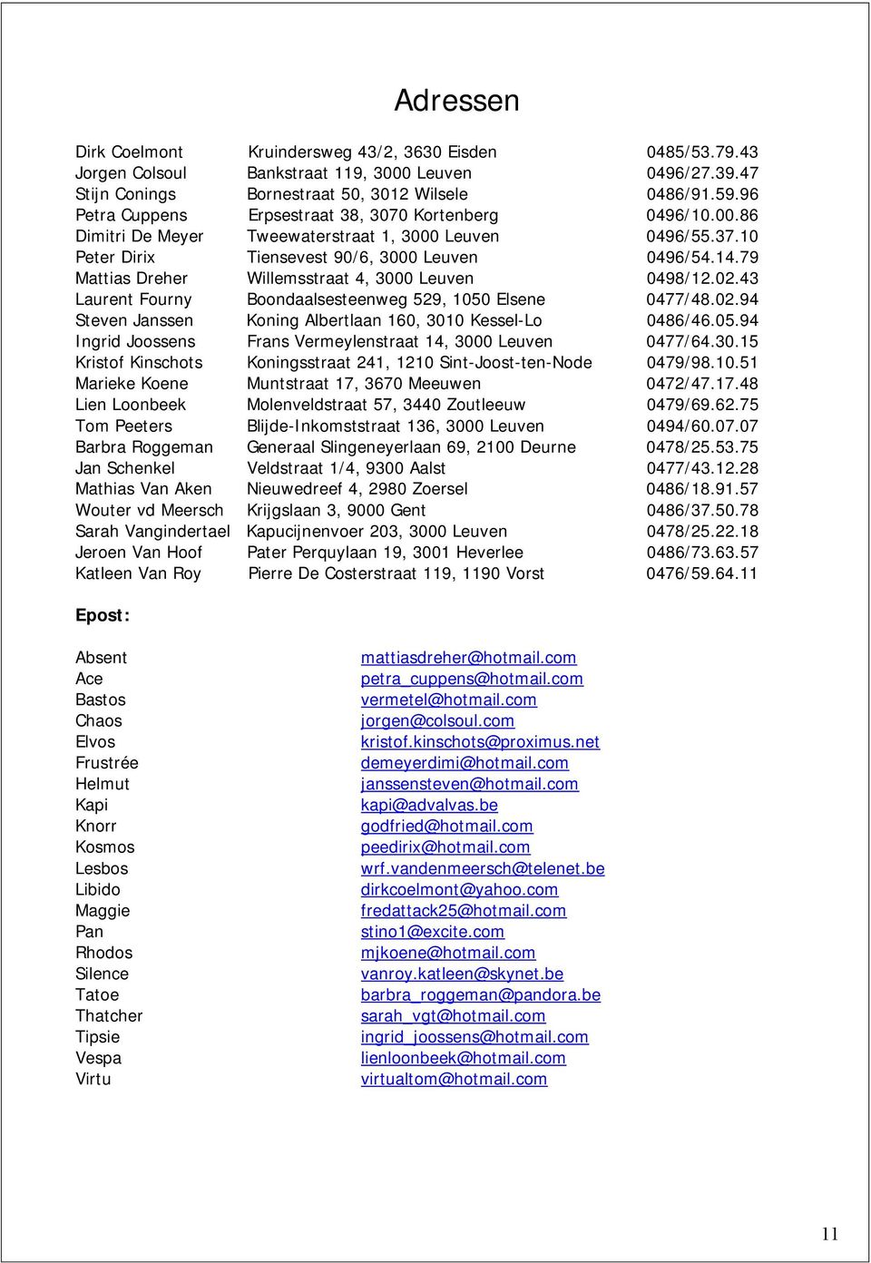 79 Mattias Dreher Willemsstraat 4, 3000 Leuven 0498/12.02.43 Laurent Fourny Boondaalsesteenweg 529, 1050 Elsene 0477/48.02.94 Steven Janssen Koning Albertlaan 160, 3010 Kessel-Lo 0486/46.05.94 Ingrid Joossens Frans Vermeylenstraat 14, 3000 Leuven 0477/64.