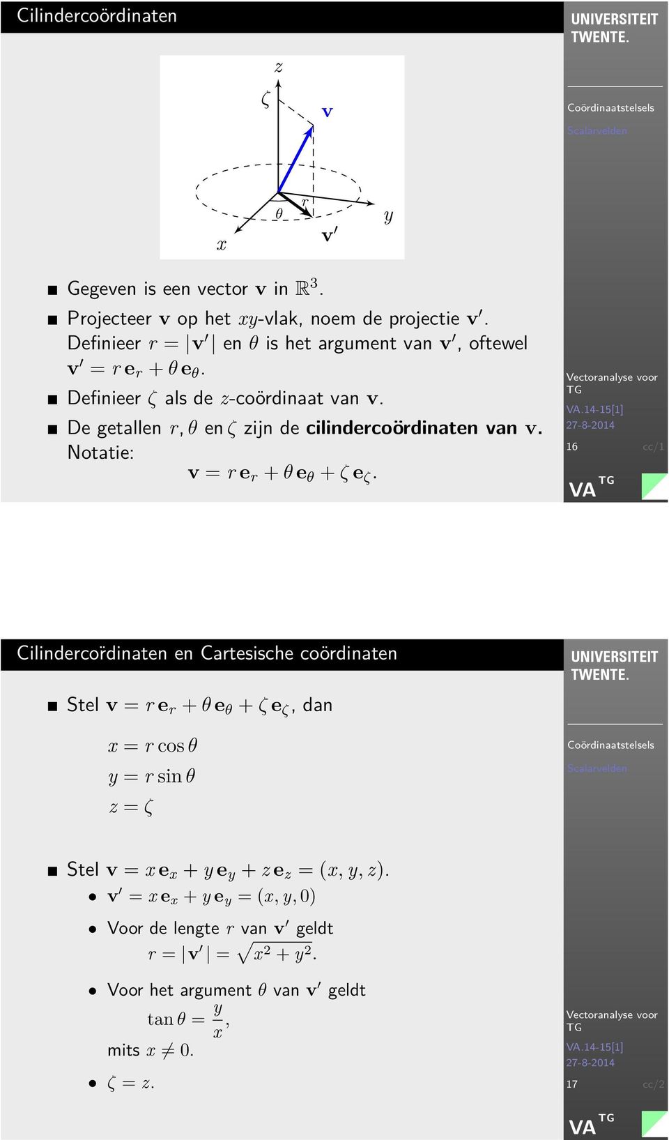 De getallen r, θ en ζ ijn de cilindercoördinaten an. Notatie: = r e r + θ e θ + ζ e ζ.