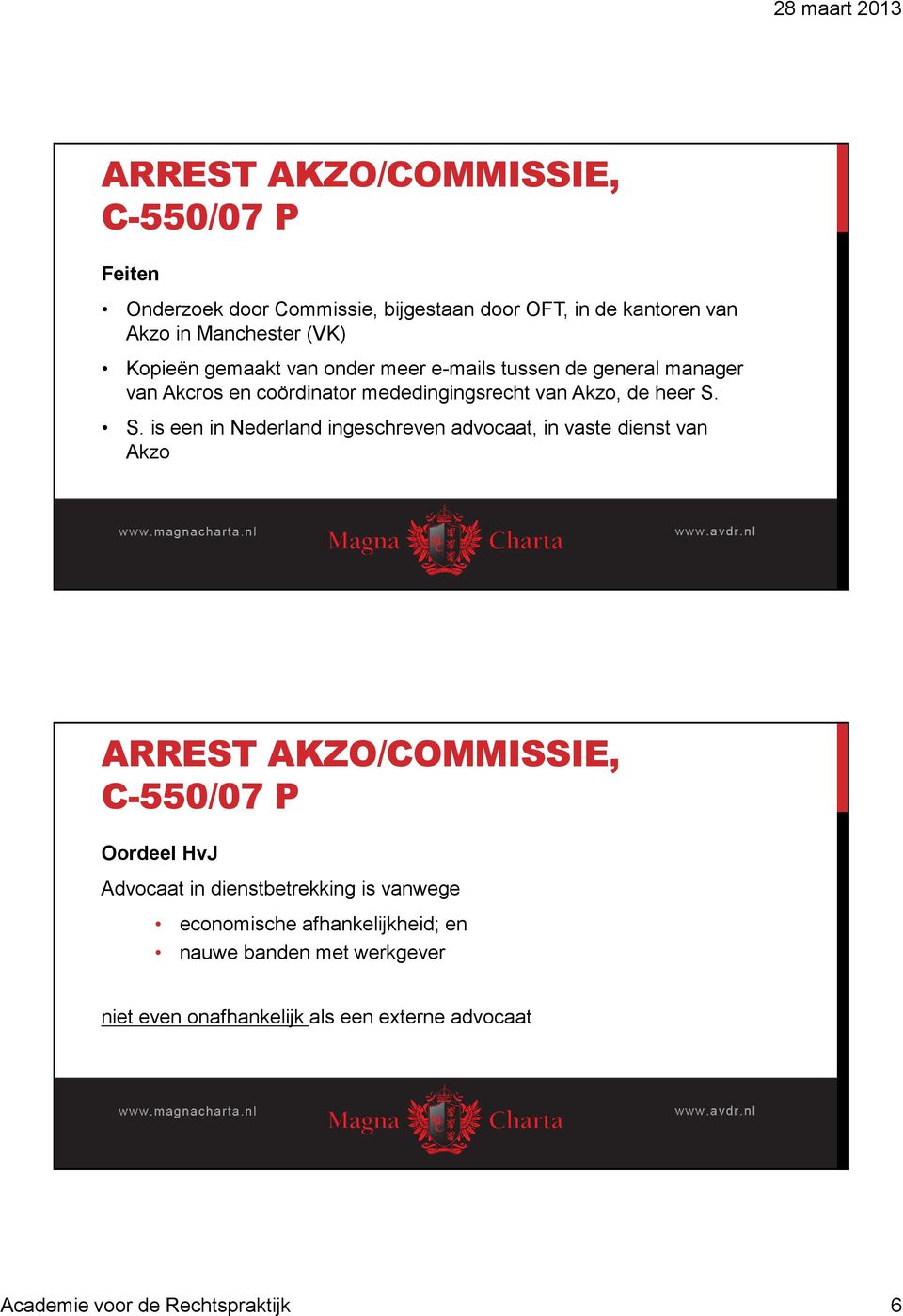 S. is een in Nederland ingeschreven advocaat, in vaste dienst van Akzo ARREST AKZO/COMMISSIE, C-550/07 P Oordeel HvJ Advocaat in