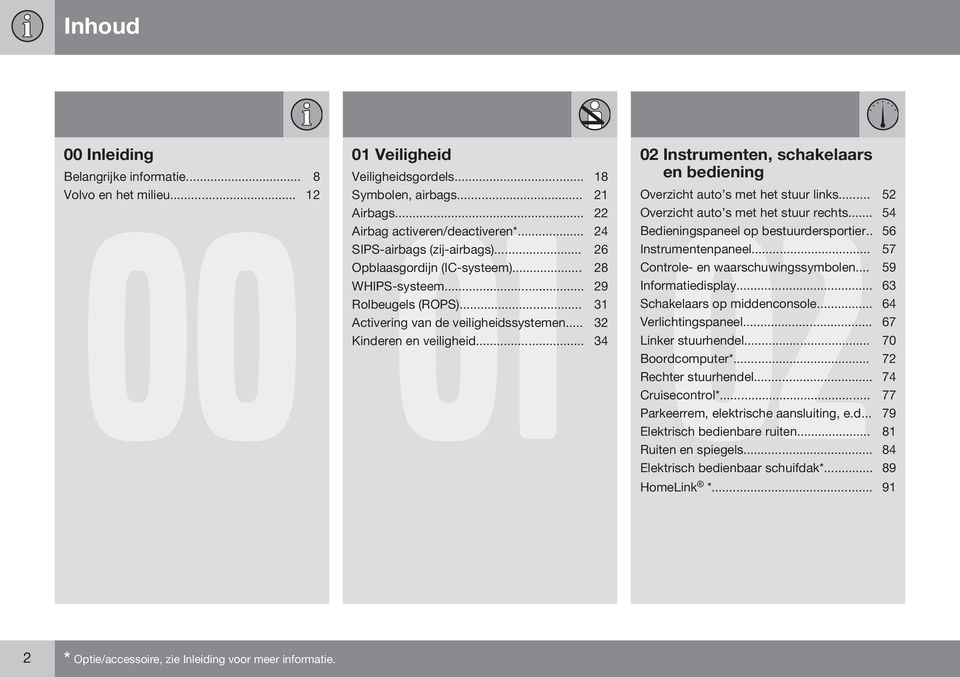 . 56 SIPS-airbags (zij-airbags)... 26 Instrumentenpaneel... 57 Opblaasgordijn (IC-systeem)... 28 Controle- en waarschuwingssymbolen... 59 WHIPS-systeem... 29 Informatiedisplay... 63 Rolbeugels (ROPS).