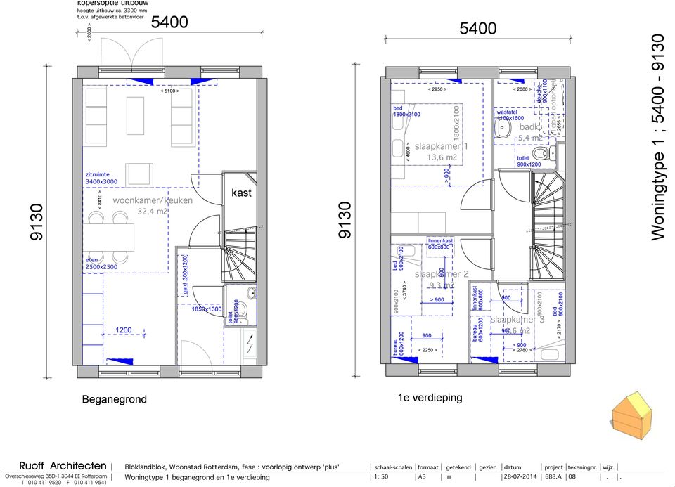 Woningtype 1 ;; 5400-9130 Beganegrond 1e verdieping Woningtype 1 beganegrond en 1e verdieping 1: 50 28-07-2014 688A 08 wijz > linnen 600x800