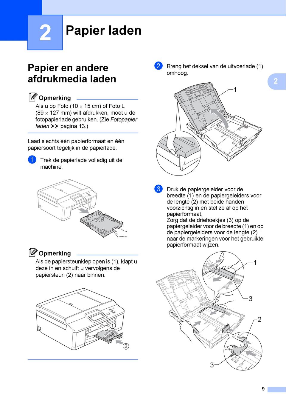 Opmerking Als de papiersteunklep open is (1), klapt u deze in en schuift u vervolgens de papiersteun (2) naar binnen.