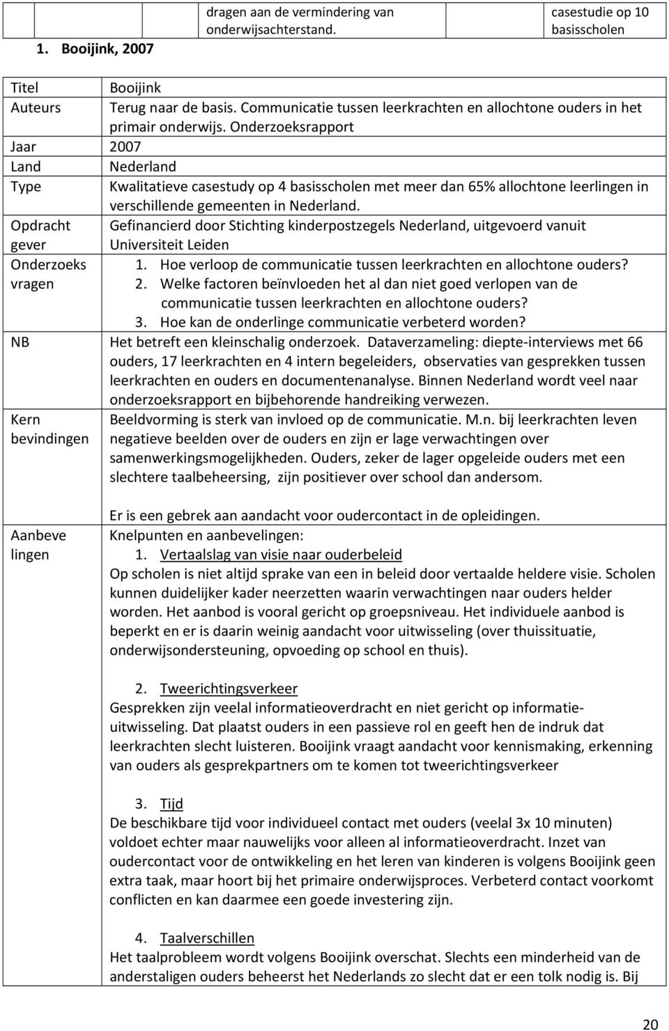 Onderzoeksrapport Jaar 2007 Land Nederland Type Kwalitatieve casestudy op 4 basisscholen met meer dan 65% allochtone leerlingen in verschillende gemeenten in Nederland.