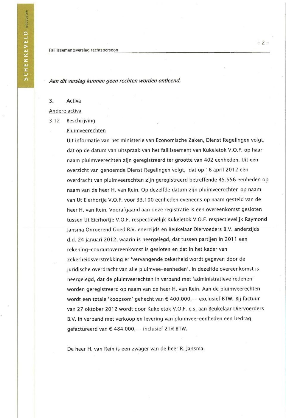 op haar naam pluimveerechten zijn geregistreerd ter grootte van 402 eenheden.