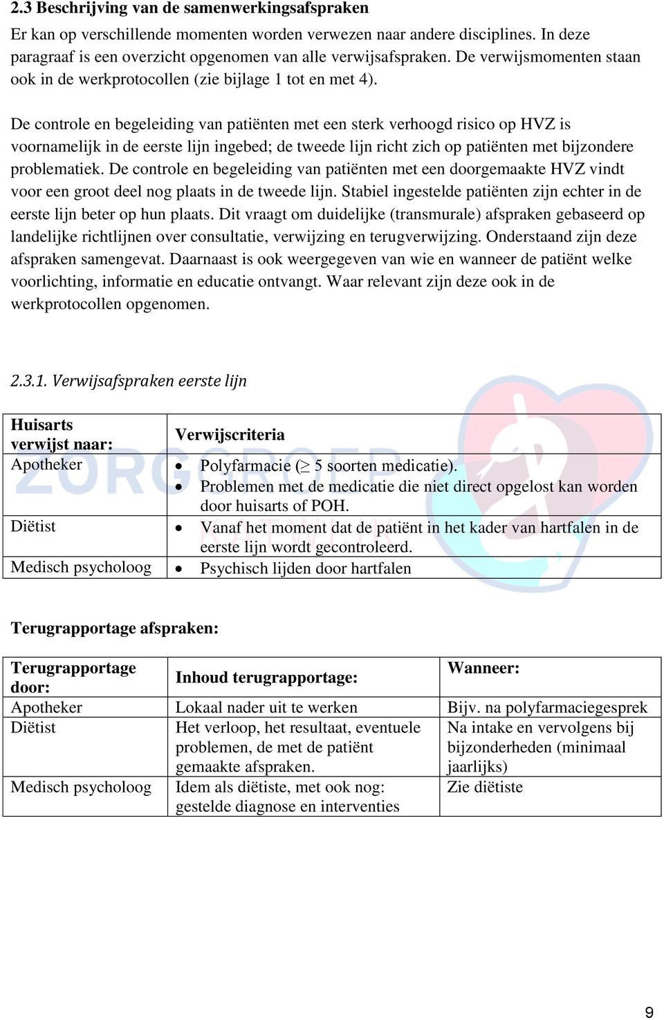 De controle en begeleiding van patiënten met een sterk verhoogd risico op HVZ is voornamelijk in de eerste lijn ingebed; de tweede lijn richt zich op patiënten met bijzondere problematiek.