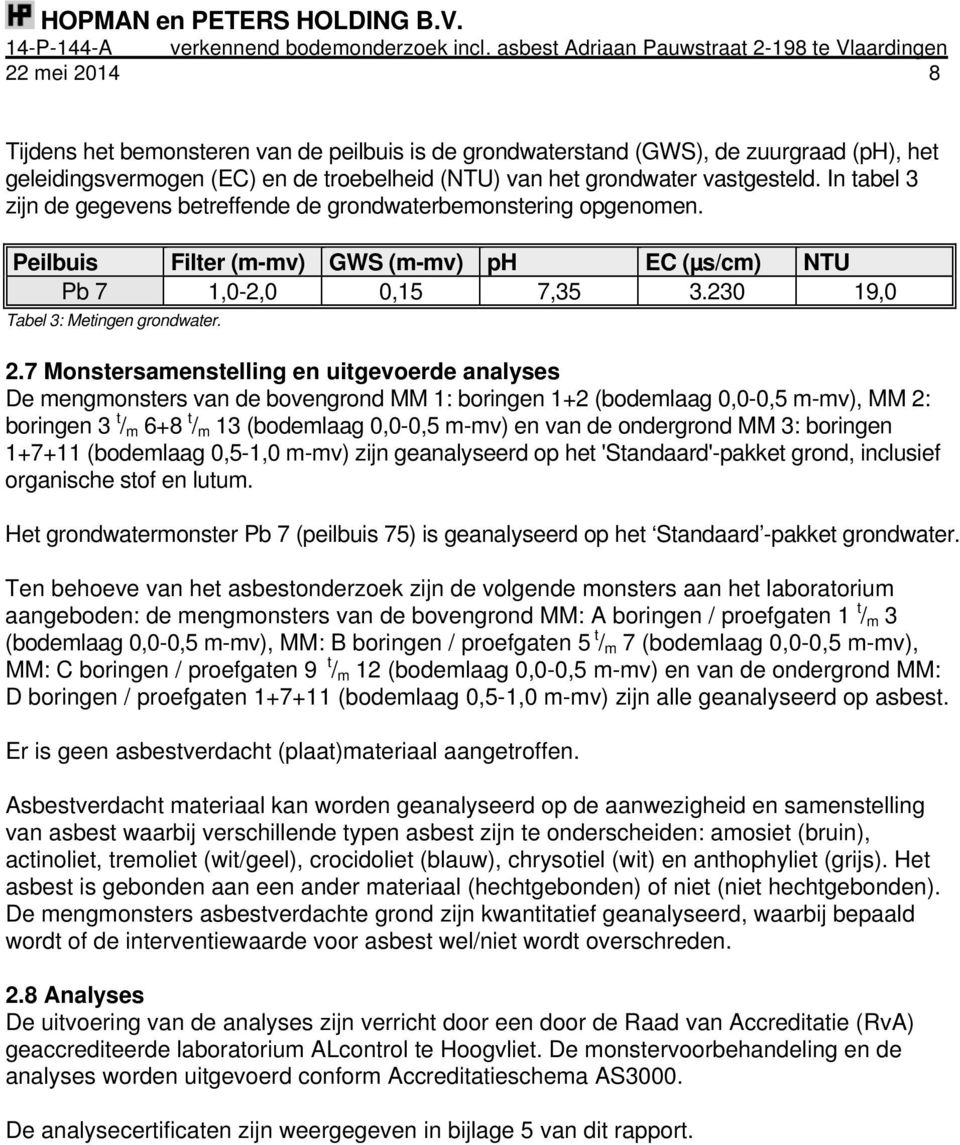 (NTU) van het grondwater vastgesteld. In tabel 3 zijn de gegevens betreffende de grondwaterbemonstering opgenomen. Peilbuis Filter (m-mv) GWS (m-mv) ph EC (µs/cm) NTU Pb 7 1,0-2,0 0,15 7,35 3.