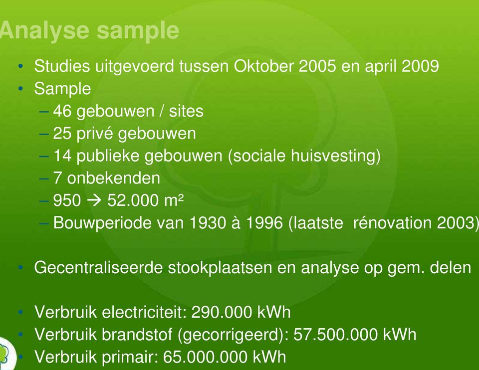 000 m² Bouwperiode van 1930 à 1996 (laatste rénovation 2003) Gecentraliseerde stookplaatsen en analyse