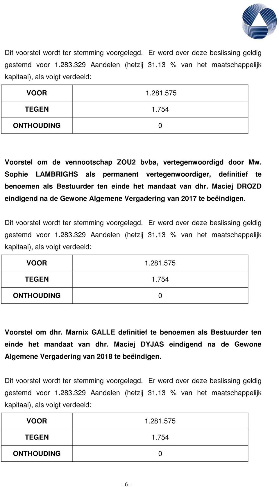 van dhr. Maciej DROZD eindigend na de Gewone Algemene Vergadering van 2017 te beëindigen. Voorstel om dhr.