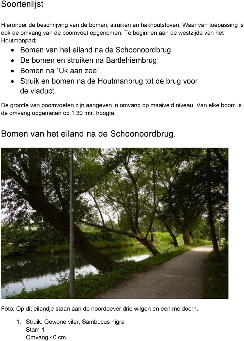 Struik en bomen na de Houtmanbrug tot de brug voor de viaduct. De grootte van boomvoeten zijn aangeven in omvang op maaiveld niveau.