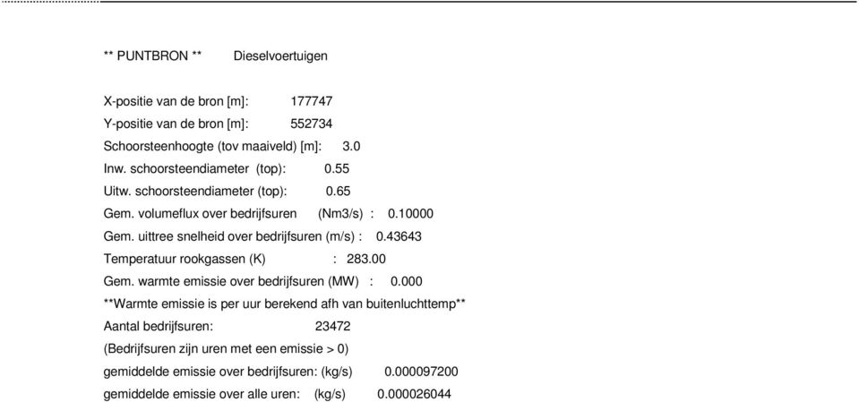 uittree snelheid over bedrijfsuren (m/s) : 0.43643 Temperatuur rookgassen (K) : 283.00 Gem. warmte emissie over bedrijfsuren (MW) : 0.