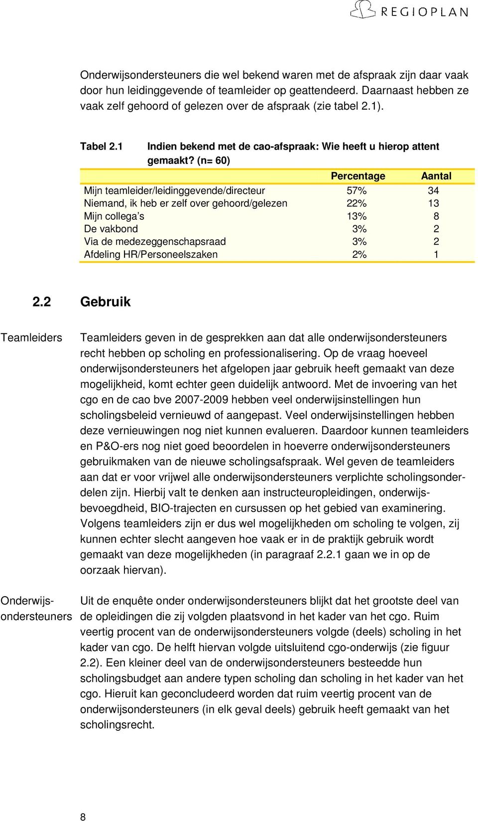 (n= 60) Percentage Aantal Mijn teamleider/leidinggevende/directeur 57% 34 Niemand, ik heb er zelf over gehoord/gelezen 22% 13 Mijn collega s 13% 8 De vakbond 3% 2 Via de medezeggenschapsraad 3% 2