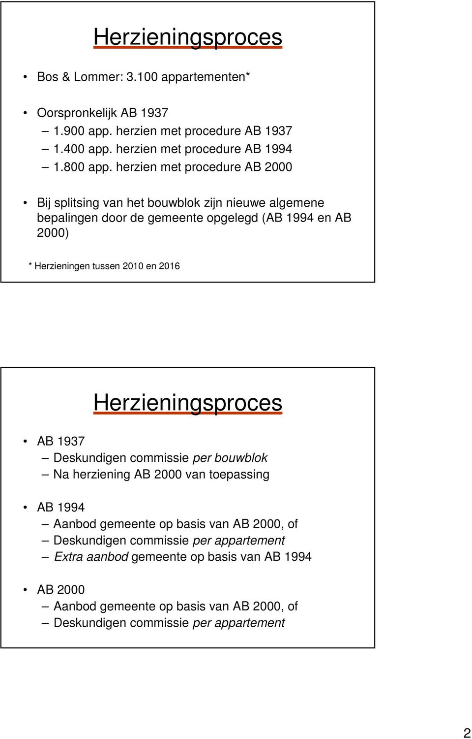 herzien met procedure AB 2000 Bij splitsing van het bouwblok zijn nieuwe algemene bepalingen door de gemeente opgelegd (AB 1994 en AB 2000) * Herzieningen tussen