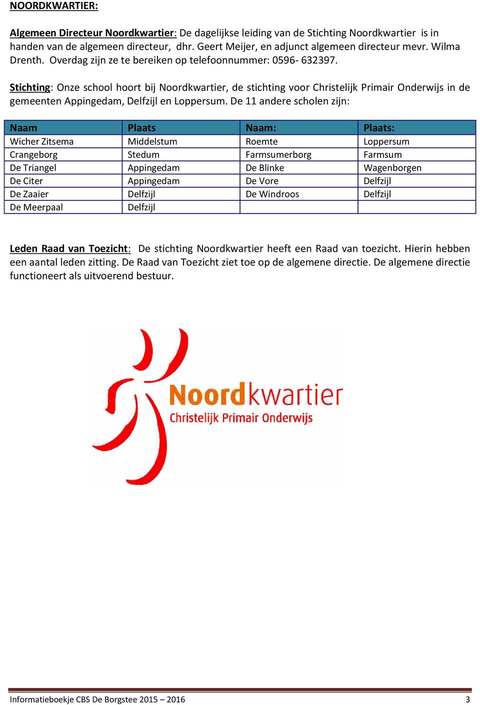 Stichting: Onze school hoort bij Noordkwartier, de stichting voor Christelijk Primair Onderwijs in de gemeenten Appingedam, Delfzijl en Loppersum.