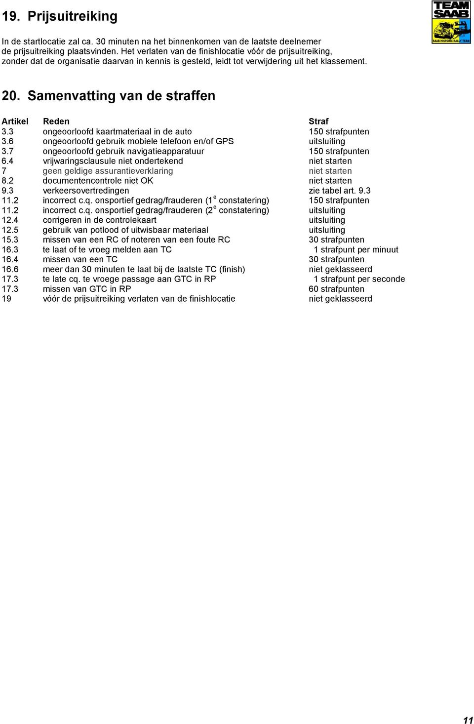 Samenvatting van de straffen Artikel Reden Straf 3.3 ongeoorloofd kaartmateriaal in de auto 150 strafpunten 3.6 ongeoorloofd gebruik mobiele telefoon en/of GPS uitsluiting 3.