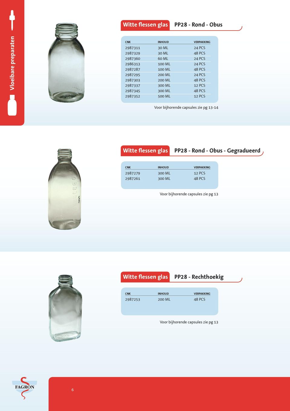 12 PCS Voor bijhorende capsules zie pg 13-14 Witte flessen glas PP28 - Rond - Obus - Gegradueerd 2987279 300 ML 12 PCS 2987261 300 ML