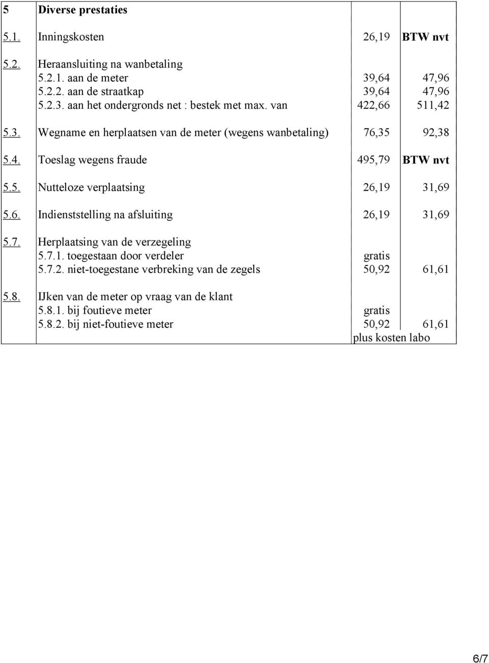 6. Indienststelling na afsluiting 26,19 31,69 5.7. Herplaatsing van de verzegeling 5.7.1. toegestaan door verdeler 5.7.2. niet-toegestane verbreking van de zegels 50,92 61,61 5.