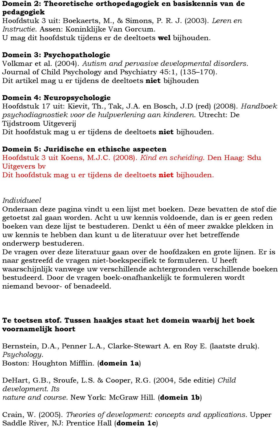 Journal of Child Psychology and Psychiatry 45:1, (135 170). Dit artikel mag u er tijdens de deeltoets niet bijhouden Domein 4: Neuropsychologie Hoofdstuk 17 uit: Kievit, Th., Tak, J.A. en Bosch, J.