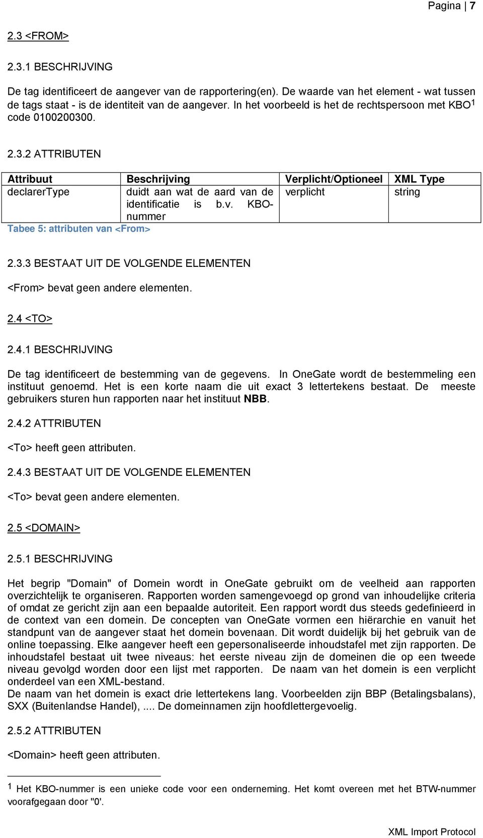 v. KBOnummer Tabee 5: attributen van <From> 2.3.3 BESTAAT UIT DE VOLGENDE ELEMENTEN <From> bevat geen andere elementen. 2.4 <TO> 2.4.1 BESCHRIJVING De tag identificeert de bestemming van de gegevens.