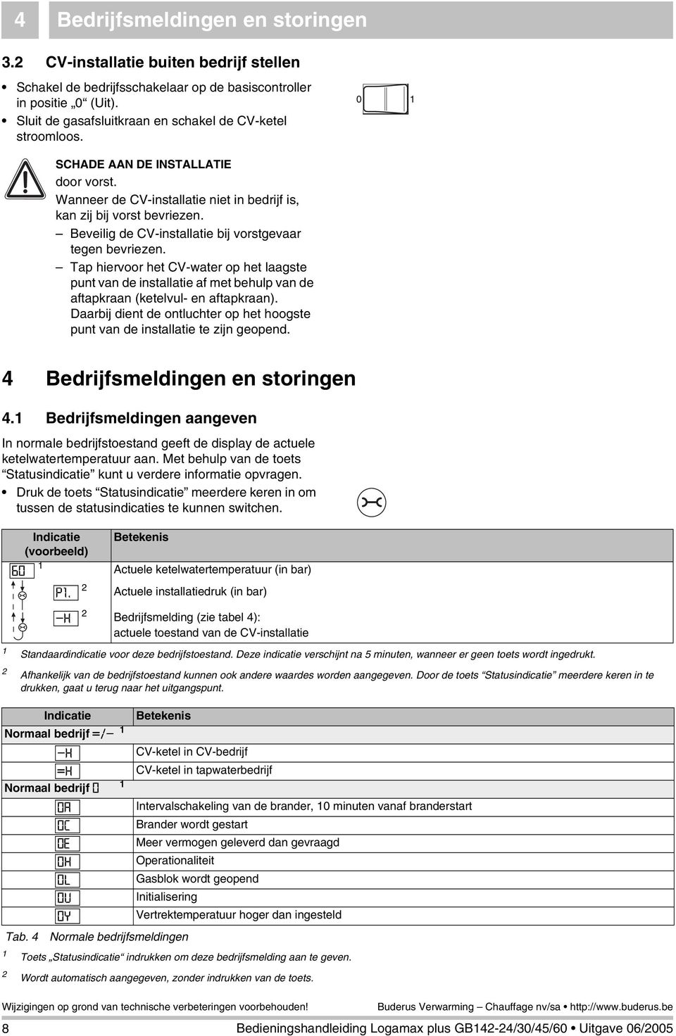 Beveilig de CV-installatie bij vorstgevaar tegen bevriezen. Tap hiervoor het CV-water op het laagste punt van de installatie af met behulp van de aftapkraan (ketelvul- en aftapkraan).