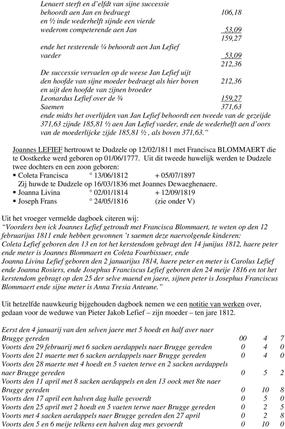 over de ¾ 159,27 Saemen 371,63 ende midts het overlijden van Jan Lefief behoordt een tweede van de gezeijde 371,63 zijnde 185,81 ½ aen Jan Lefief vaeder, ende de wederhelft aen d oors van de