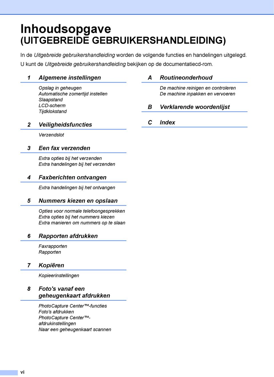 1 Algemene instellingen Opslag in geheugen Automatische zomertijd instellen Slaapstand LCD-scherm Tijdklokstand 2 Veiligheidsfuncties Verzendslot 3 Een fax verzenden Extra opties bij het verzenden