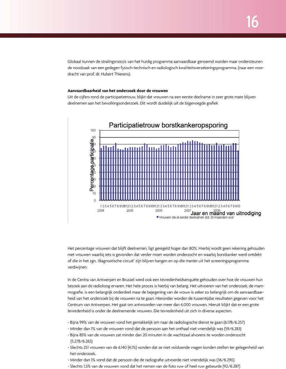 Aanvaardbaarheid van het onderzoek door de vrouwen Uit de cijfers rond de participatietrouw, blijkt dat vrouwen na een eerste deelname in zeer grote mate blijven deelnemen aan het bevolkingsonderzoek.