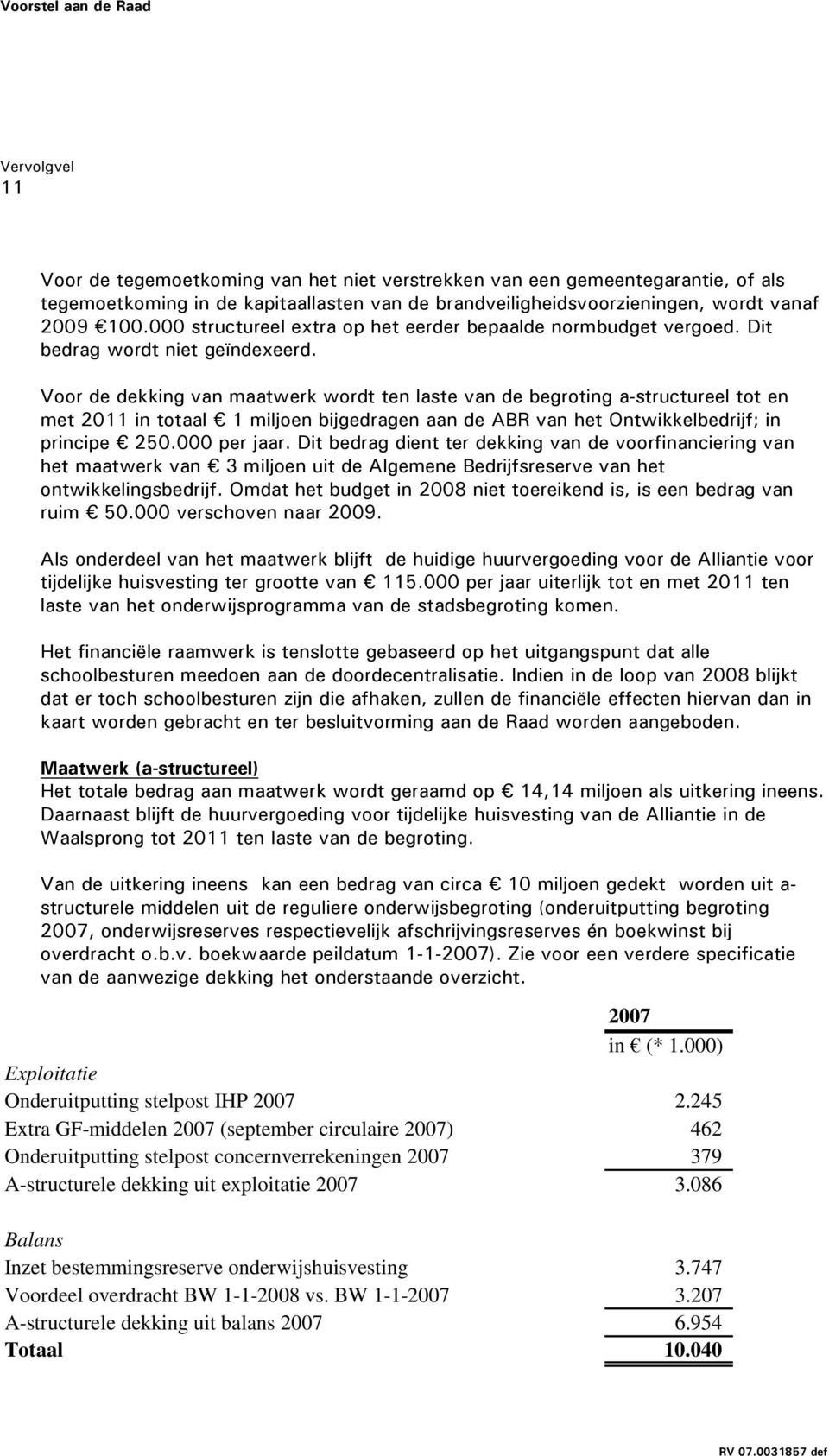 Voor de dekking van maatwerk wordt ten laste van de begroting a-structureel tot en met 2011 in totaal 1 miljoen bijgedragen aan de ABR van het Ontwikkelbedrijf; in principe 250.000 per jaar.