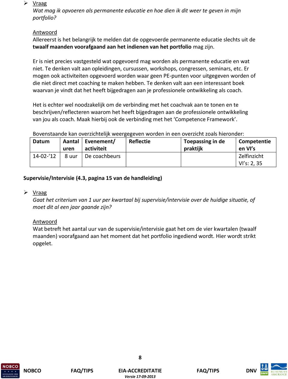 Er is niet precies vastgesteld wat opgevoerd mag worden als permanente educatie en wat niet. Te denken valt aan opleidingen, cursussen, workshops, congressen, seminars, etc.