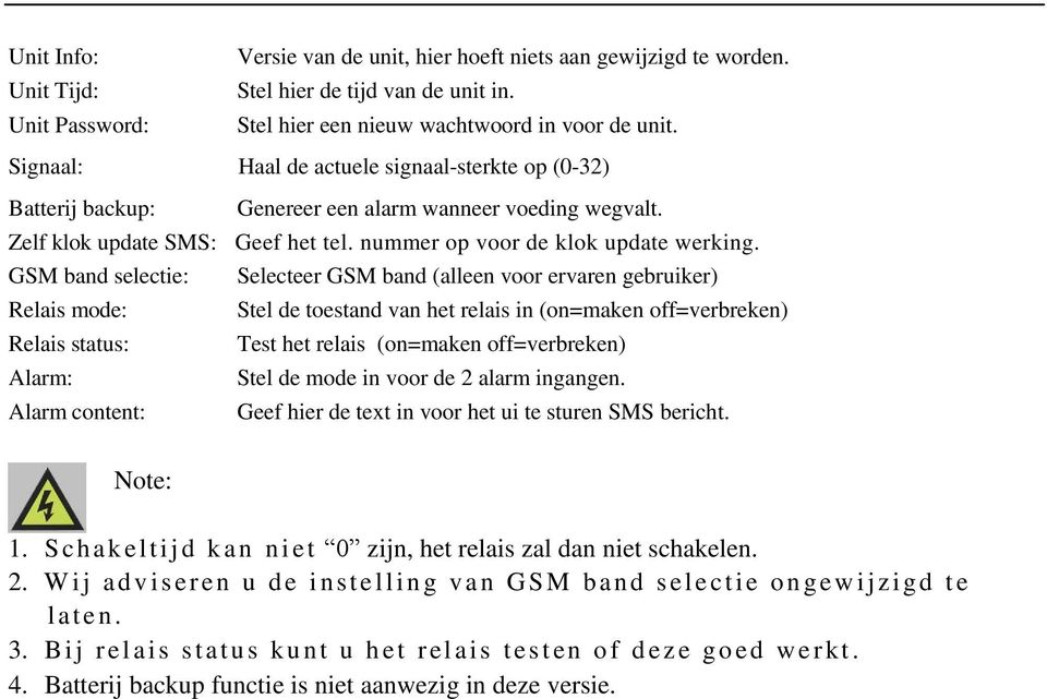 GSM band selectie: Selecteer GSM band (alleen voor ervaren gebruiker) Relais mode: Stel de toestand van het relais in (on=maken off=verbreken) Relais status: Test het relais (on=maken off=verbreken)