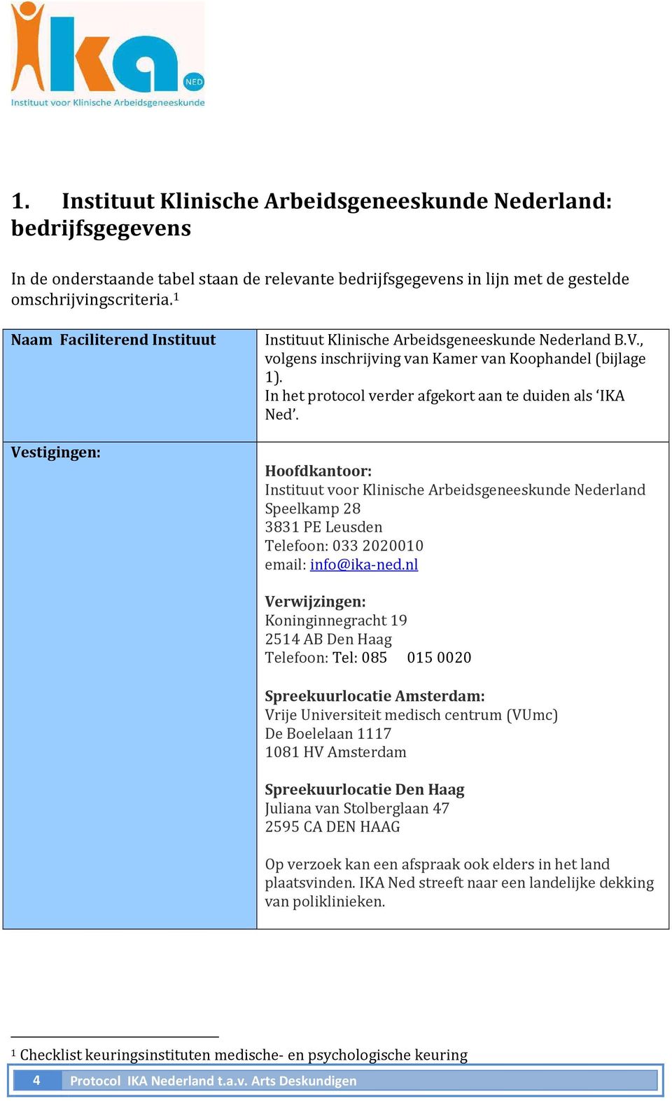 In het protocol verder afgekort aan te duiden als IKA Ned. Hoofdkantoor: Instituut voor Klinische Arbeidsgeneeskunde Nederland Speelkamp 28 3831 PE Leusden Telefoon: 033 2020010 email: info@ika-ned.