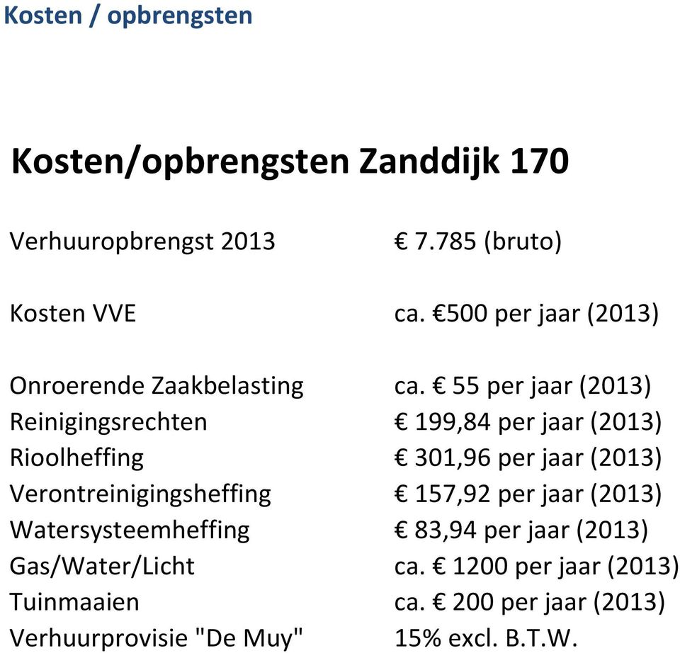 55 per jaar (2013) Reinigingsrechten 199,84 per jaar (2013) Rioolheffing 301,96 per jaar (2013)