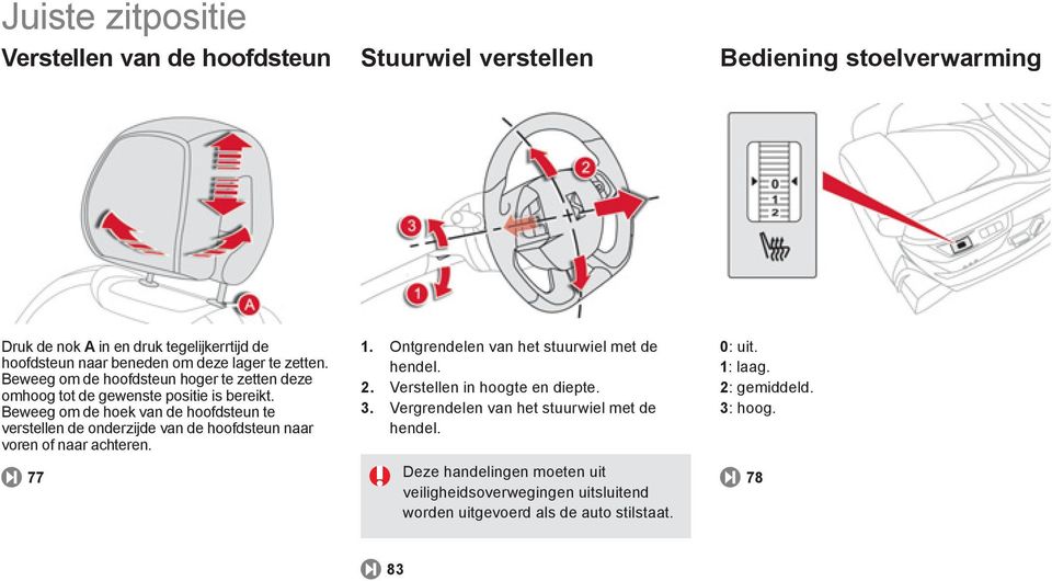 Beweeg om de hoek van de hoofdsteun te verstellen de onderzijde van de hoofdsteun naar voren of naar achteren. 77 1. Ontgrendelen van het stuurwiel met de hendel. 2.