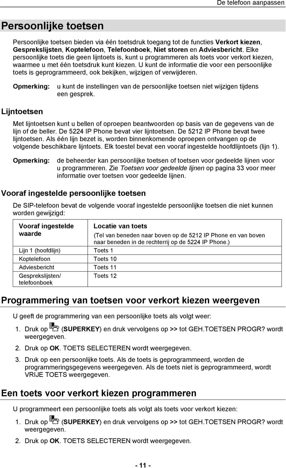 U kunt de informatie die voor een persoonlijke toets is geprogrammeerd, ook bekijken, wijzigen of verwijderen. u kunt de instellingen van de persoonlijke toetsen niet wijzigen tijdens een gesprek.