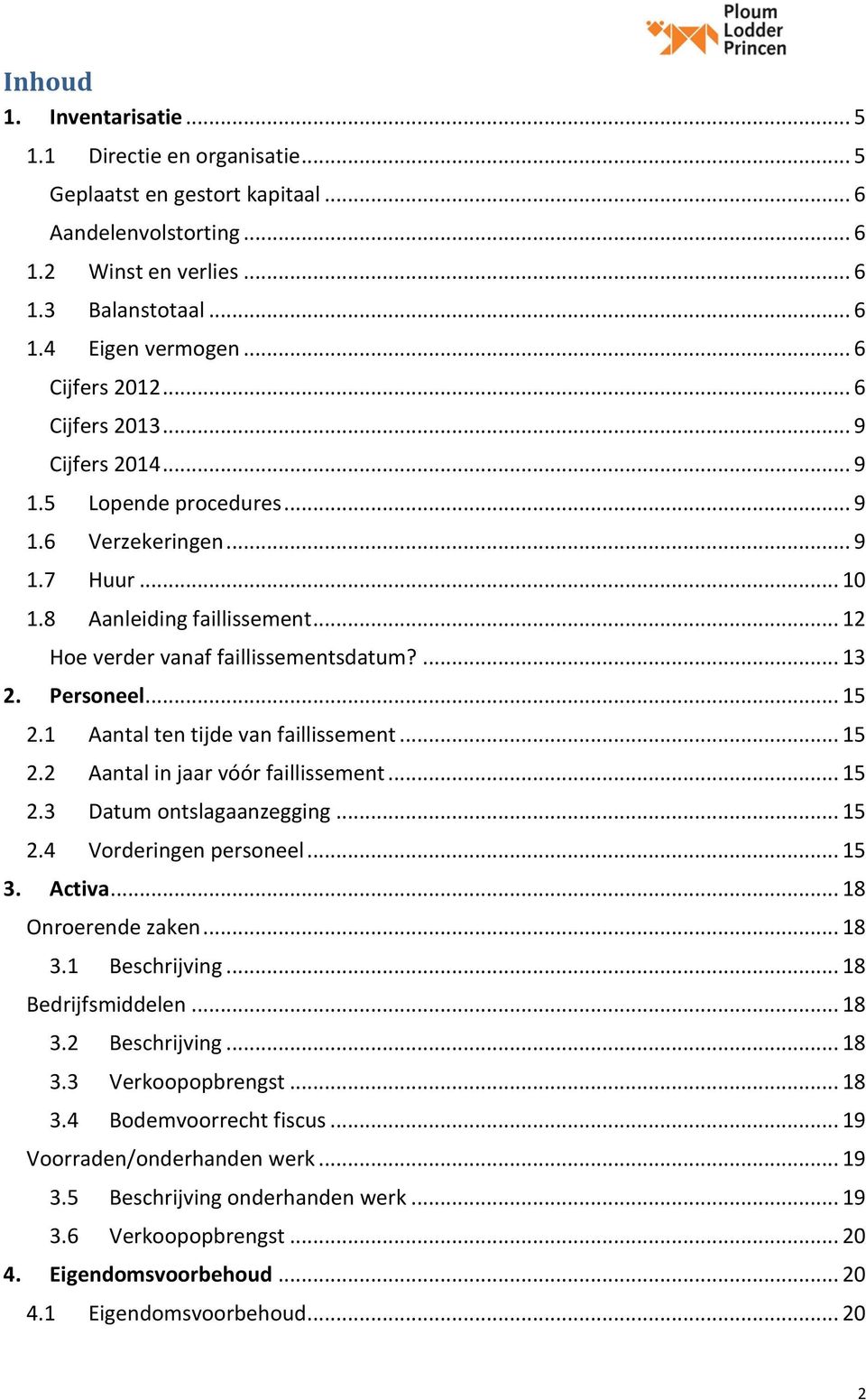 ... 13 2. Personeel... 15 2.1 Aantal ten tijde van faillissement... 15 2.2 Aantal in jaar vóór faillissement... 15 2.3 Datum ontslagaanzegging... 15 2.4 Vorderingen personeel... 15 3. Activa.