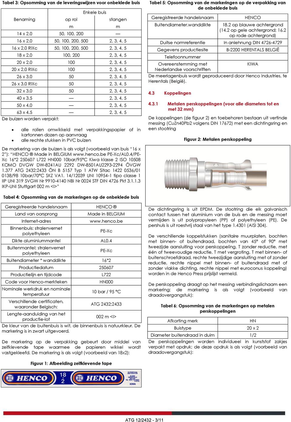 5 63 x 4,5 2, 3, 4, 5 De buizen worden verpakt: alle rollen omwikkeld met verpakkingspapier of in kartonnen dozen op aanvraag alle rechte stukken in PVC buizen De markering van de buizen is als volgt