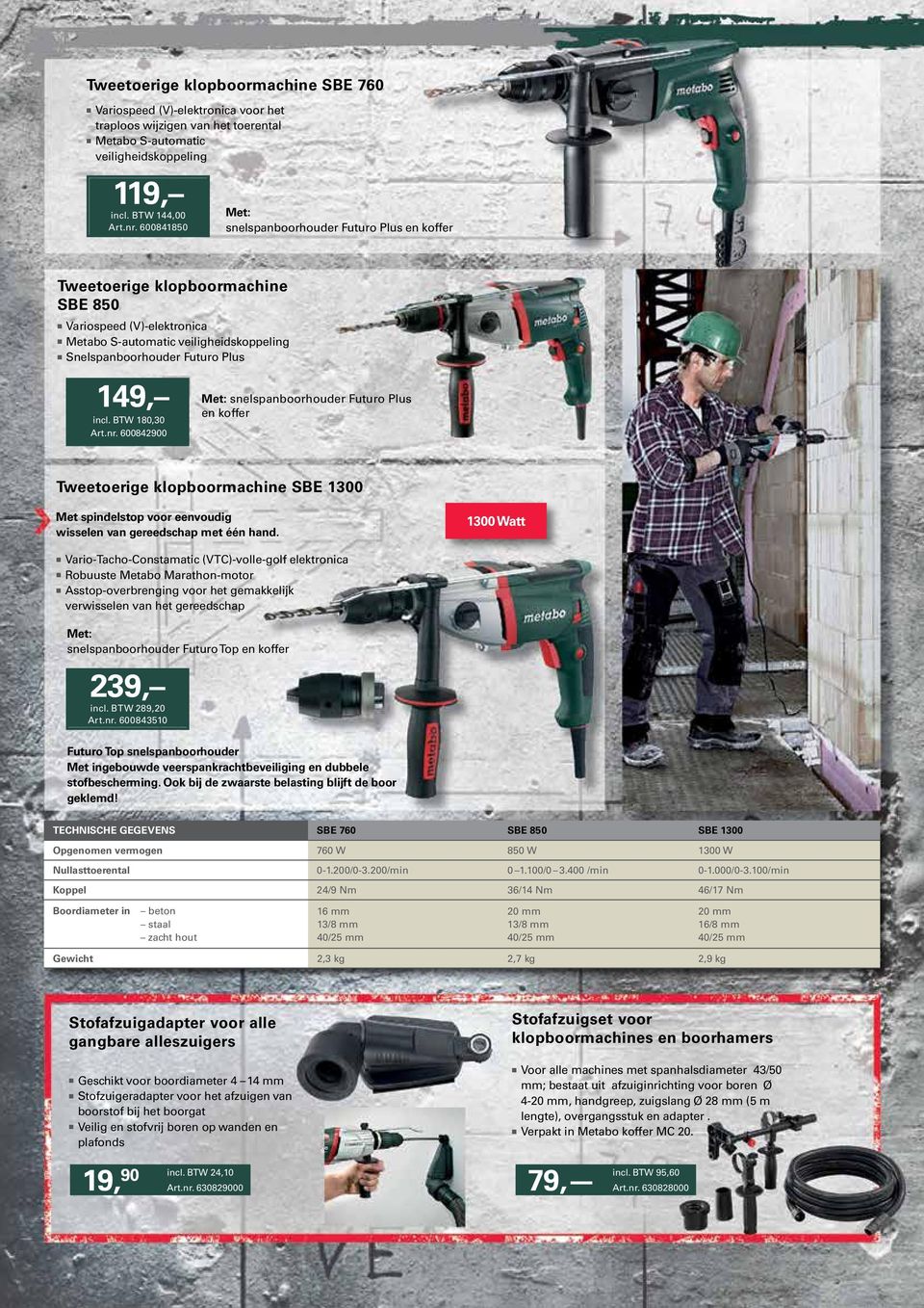 BTW 180,30 Art.nr. 600842900 Met: snelspanboorhouder Futuro Plus en koffer Tweetoerige klopboormachine SBE 1300 Met spindelstop voor eenvoudig wisselen van gereedschap met één hand.