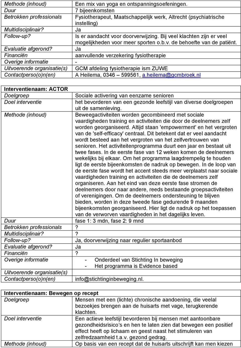 aanvullende verzekering fysiotherapie - Uitvoerende organisatie(s) GCM afdeling fysiotherapie ism ZUWE Contactperso(o)n(en) A Heilema, 0346 599561, a.heilema@gcmbroek.