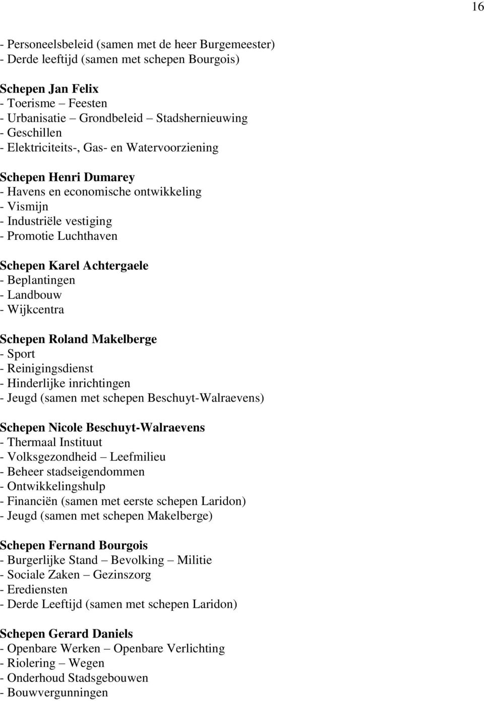 Landbouw - Wijkcentra Schepen Roland Makelberge - Sport - Reinigingsdienst - Hinderlijke inrichtingen - Jeugd (samen met schepen Beschuyt-Walraevens) Schepen Nicole Beschuyt-Walraevens - Thermaal