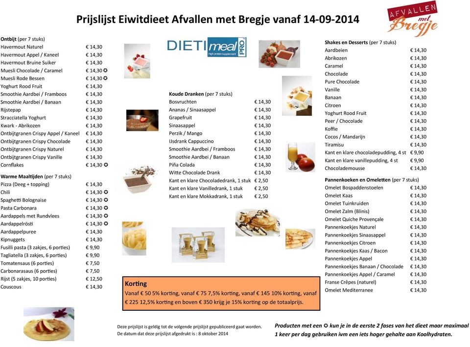 Kaneel 14,30 Ontbijtgranen Crispy Chocolade 14,30 Ontbijtgranen Crispy Naturel 14,30 Ontbijtgranen Crispy Vanille 14,30 Cornflakes Warme Maaltijden (per 7 stuks) Pizza (Deeg + topping) 14,30 Chili