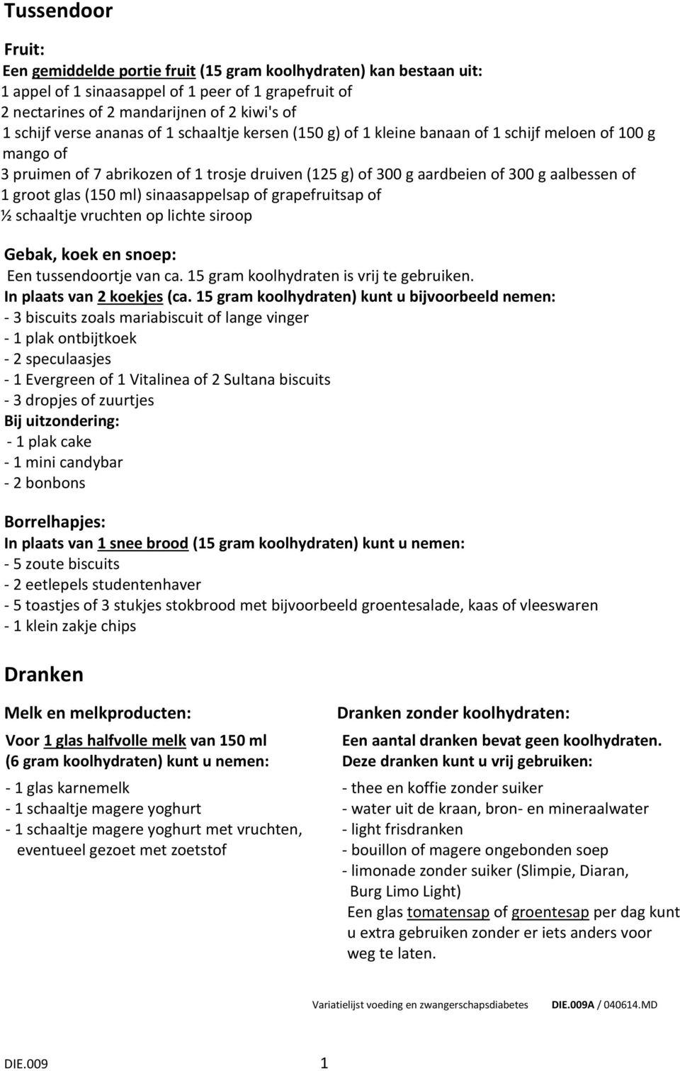 (150 ml) sinaasappelsap of grapefruitsap of ½ schaaltje vruchten op lichte siroop Gebak, koek en snoep: Een tussendoortje van ca. 15 gram koolhydraten is vrij te gebruiken.