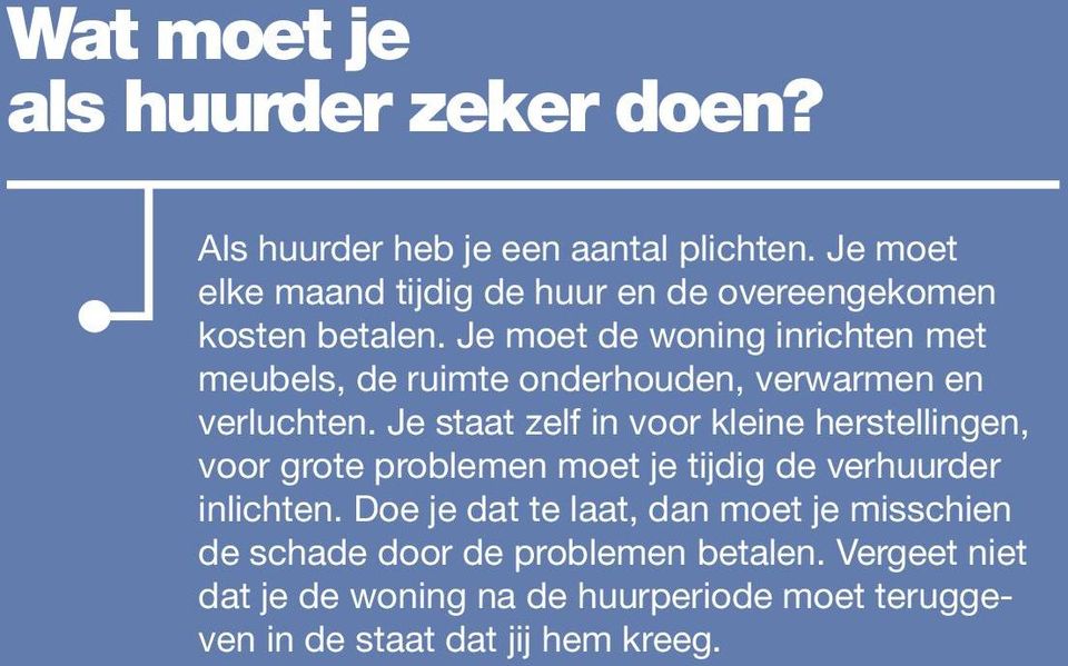 Je moet de woning inrichten met meubels, de ruimte onderhouden, verwarmen en verluchten.