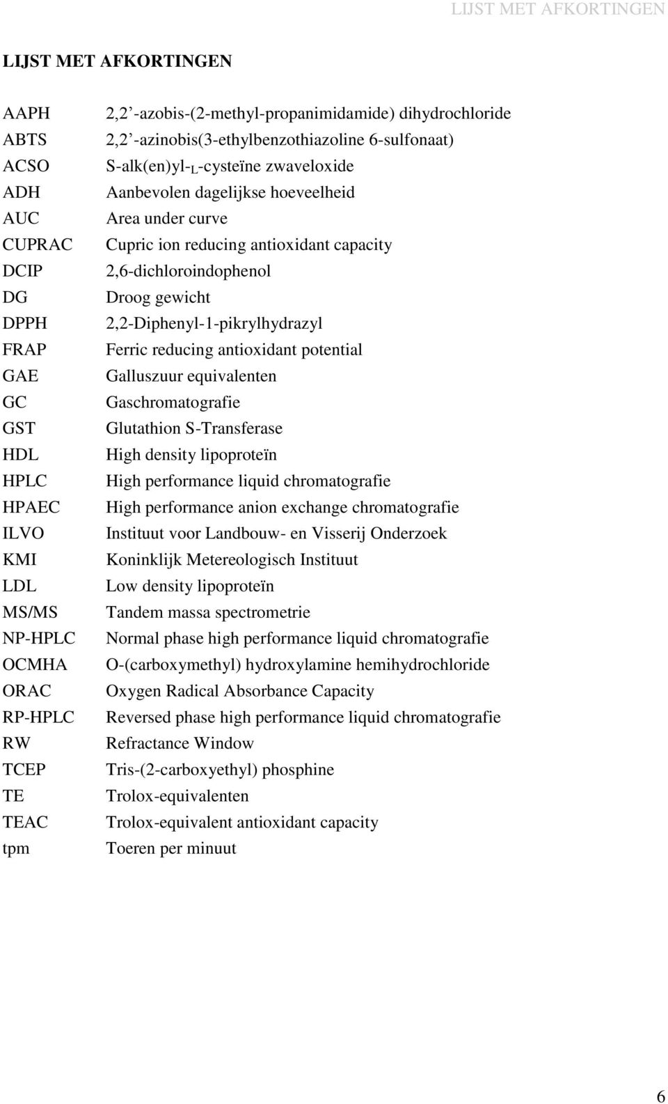 reducing antioxidant capacity 2,6-dichloroindophenol Droog gewicht 2,2-Diphenyl-1-pikrylhydrazyl Ferric reducing antioxidant potential Galluszuur equivalenten Gaschromatografie Glutathion