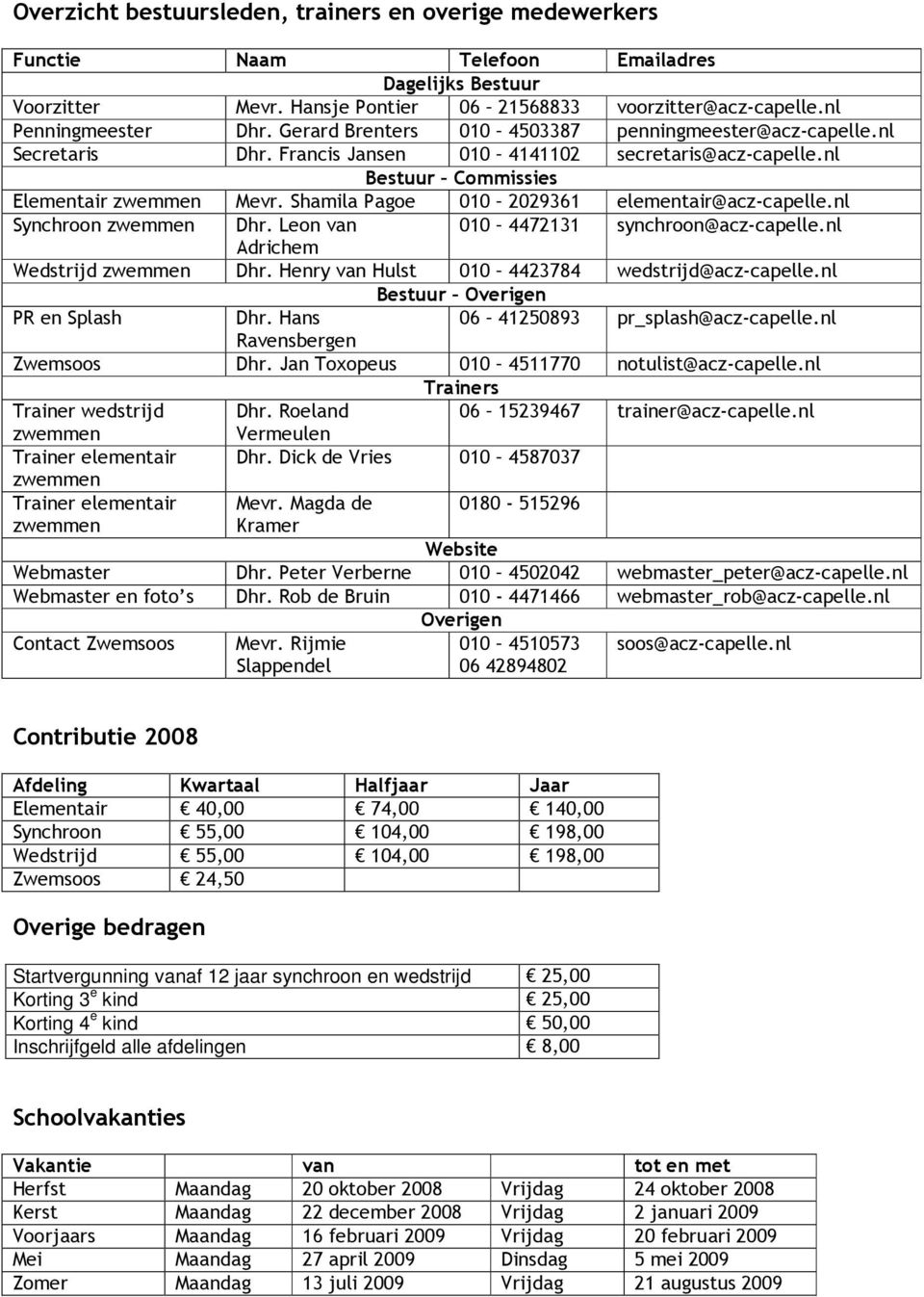 Shamila Pagoe 010 2029361 elementair@acz-capelle.nl Synchroon zwemmen Dhr. Leon van 010 4472131 synchroon@acz-capelle.nl Adrichem Wedstrijd zwemmen Dhr.