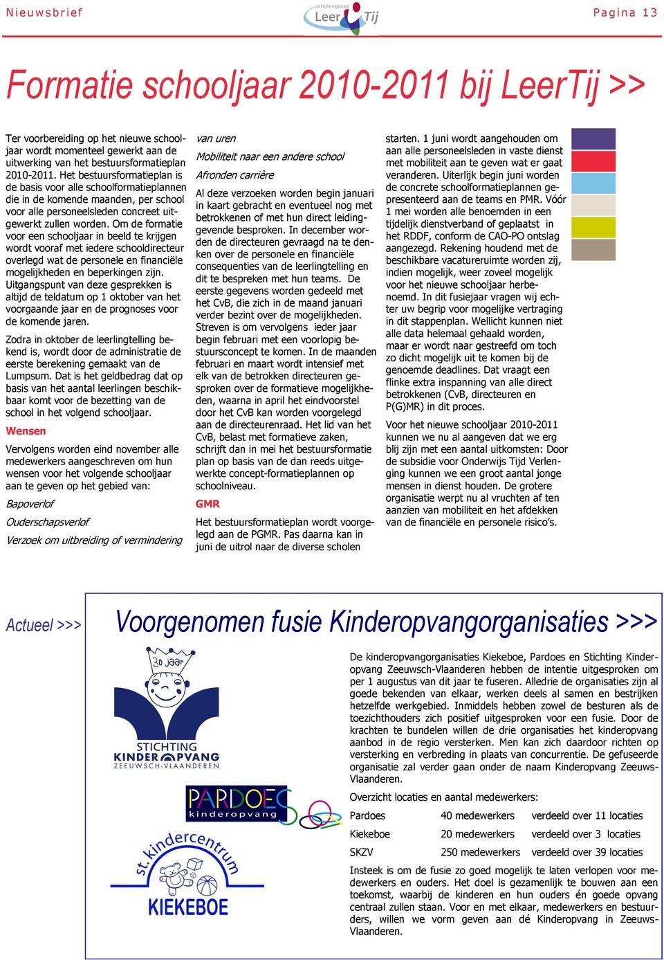 Om de formatie voor een schooljaar in beeld te krijgen wordt vooraf met iedere schooldirecteur overlegd wat de personele en financiële mogelijkheden en beperkingen zijn.