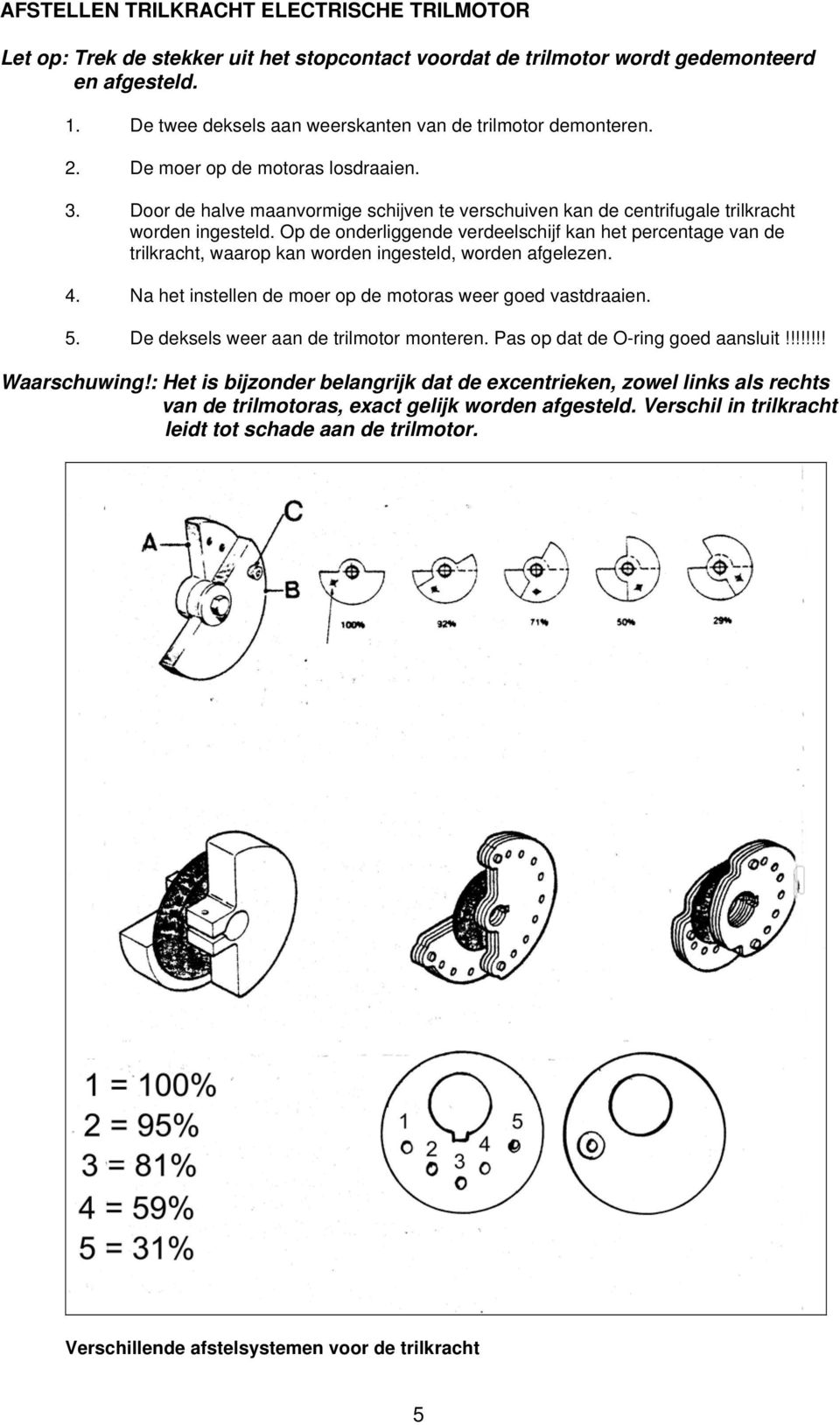 Op de onderliggende verdeelschijf kan het percentage van de trilkracht, waarop kan worden ingesteld, worden afgelezen.. Na het instellen de moer op de motoras weer goed vastdraaien. 5.