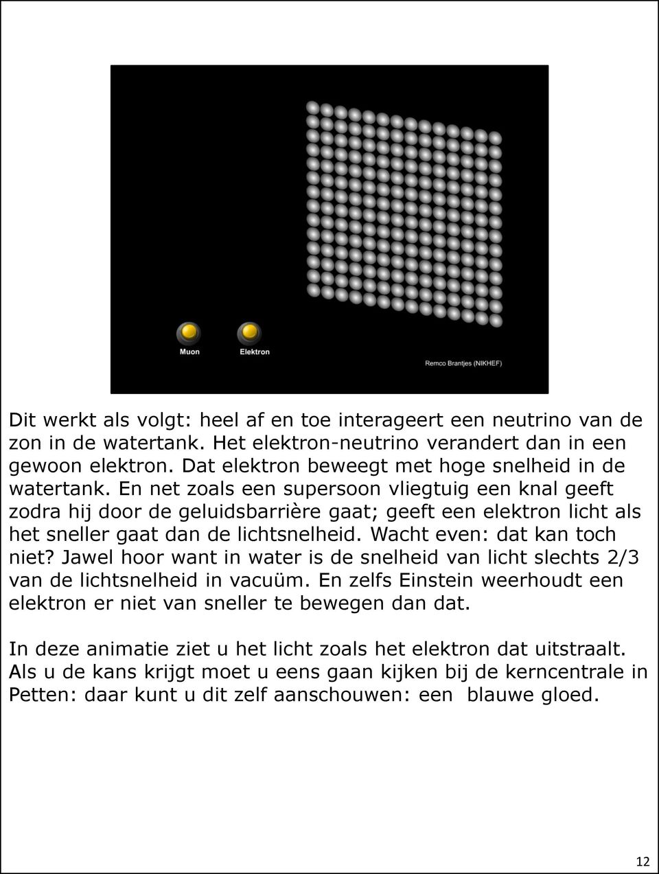 En net zoals een supersoon vliegtuig een knal geeft zodra hij door de geluidsbarrière gaat; geeft een elektron licht als het sneller gaat dan de lichtsnelheid. Wacht even: dat kan toch niet?