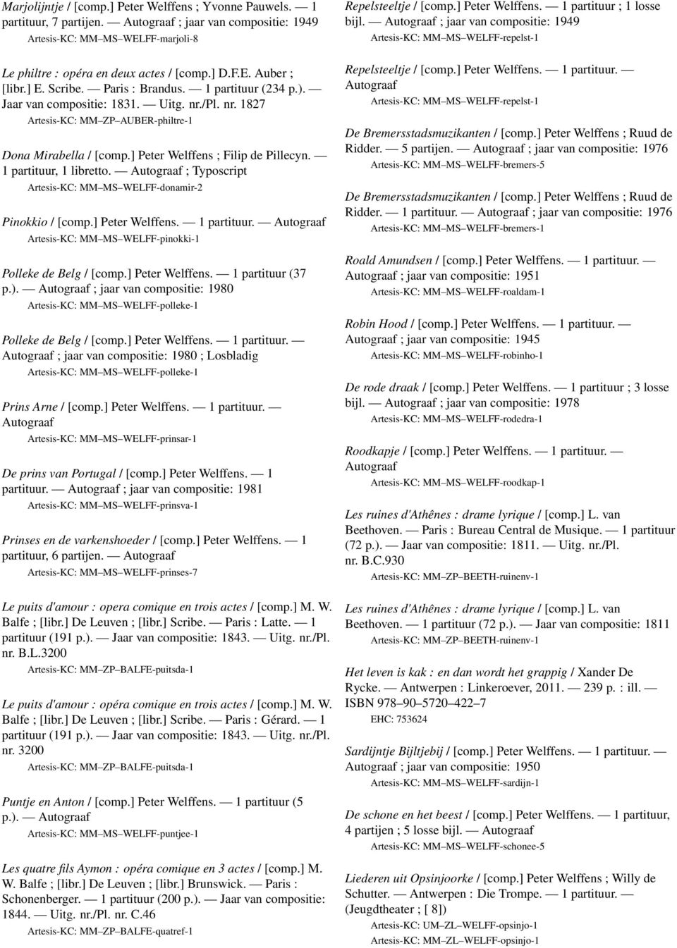 1 partituur, 1 libretto. Autograaf ; Typoscript Artesis-KC: MM MS WELFF-donamir-2 Pinokkio / [comp.] Peter Welffens. 1 partituur. Autograaf Artesis-KC: MM MS WELFF-pinokki-1 Polleke de Belg / [comp.