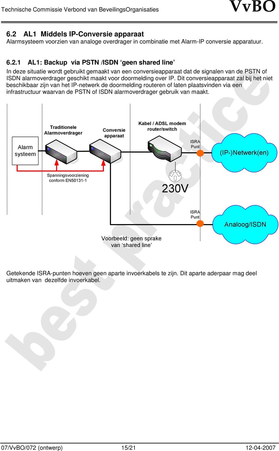 Dit conversieapparaat zal bij het niet beschikbaar zijn van het IP-netwerk de doormelding routeren of laten plaatsvinden via een infrastructuur waarvan de PSTN of ISDN alarmoverdrager